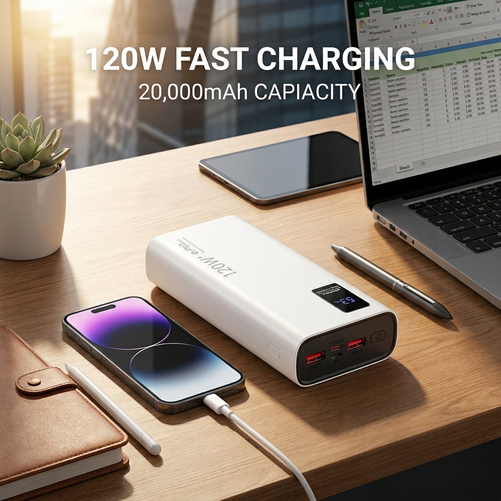 120W 20,000mAh Fast Charging Power Bank with Digital Display – 3-Port Super Fast Charger