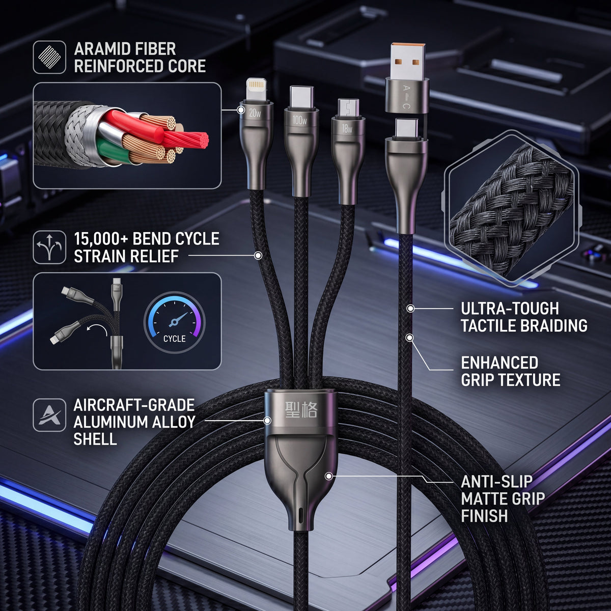 Flash Series II 3 in 2 100W Fast Charging Cable USB-C Lightning Micro USB