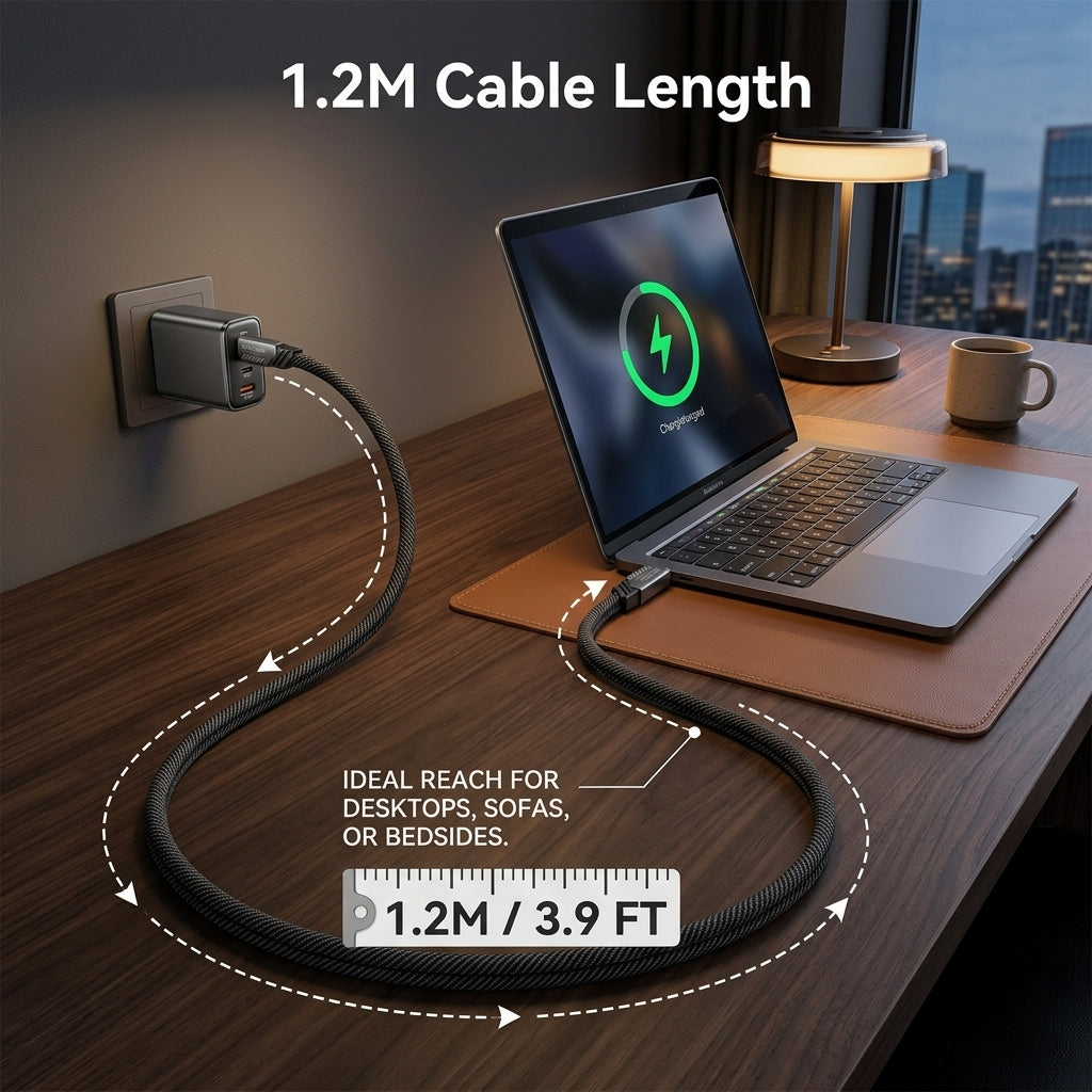 A black braided 1.2-meter charging cable shown plugged into a wall and connected to a laptop on a desk, with text overlays highlighting the cable length and ideal use cases.
