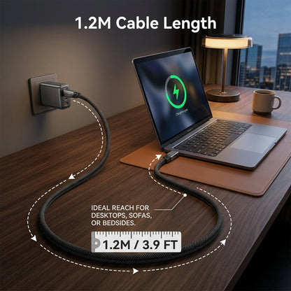 A black braided 1.2-meter charging cable shown plugged into a wall and connected to a laptop on a desk, with text overlays highlighting the cable length and ideal use cases.