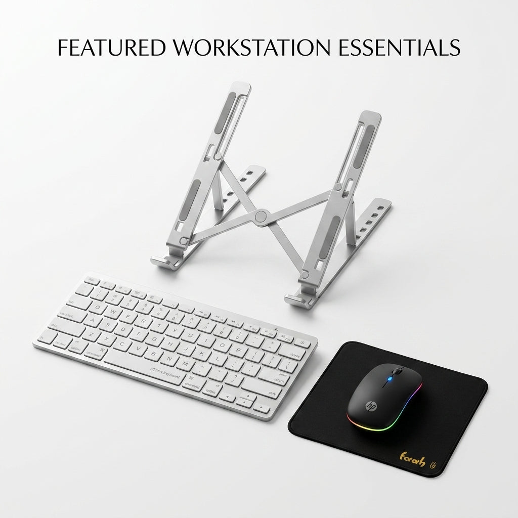 A silver aluminum keyboard stand shown with a white wireless keyboard, a black mouse on a black mousepad, and the text 'FEATURED WORKSTATION ESSENTIALS' at the top on a light gray background.