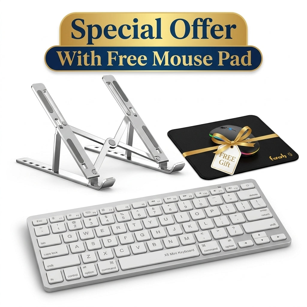 A promotional product image showing a white wireless keyboard, a silver adjustable laptop stand, and a black mouse pad with a gold ribbon graphic and a 'FREE GIFT' tag. A gold and blue banner at the top reads 'Special Offer With Free Mouse Pad'.