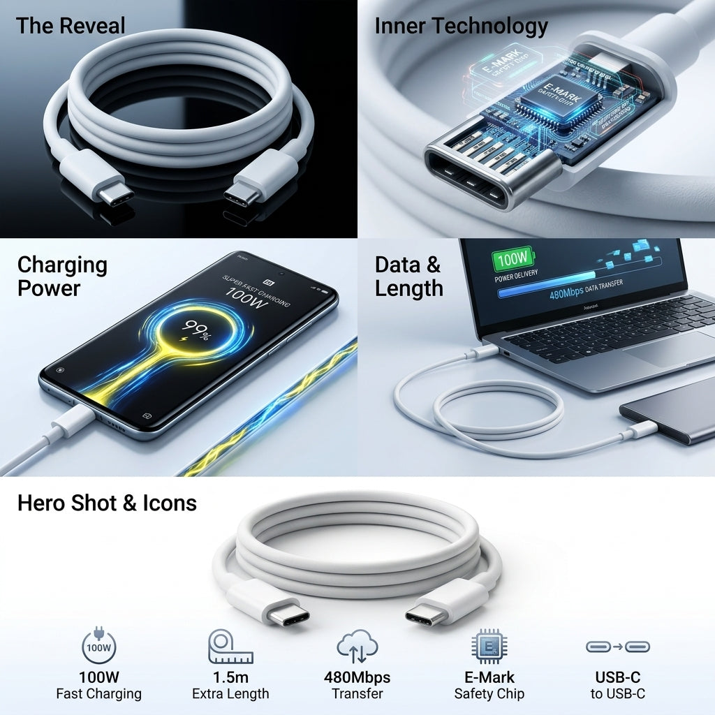 A promotional collage for a white USB-C to USB-C cable. The image features four panels showing the cable coiled, its internal copper traces, its charging power of 100W, and its data transfer speed of 480Mbps.