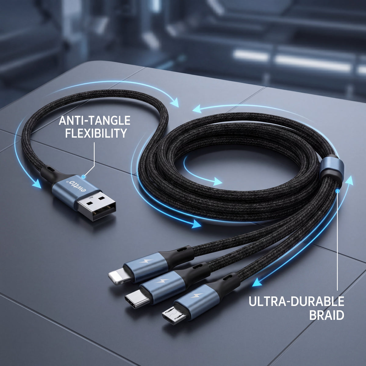 Ewtto 3 in 1 Fast Charging Data Cable USB-C Lightning Micro USB 1.2m