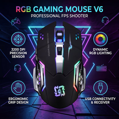 RGB Gaming Mouse V6 Wireless LED Backlit 3200 DPI Ergonomic Gaming Mouse for PC Laptop