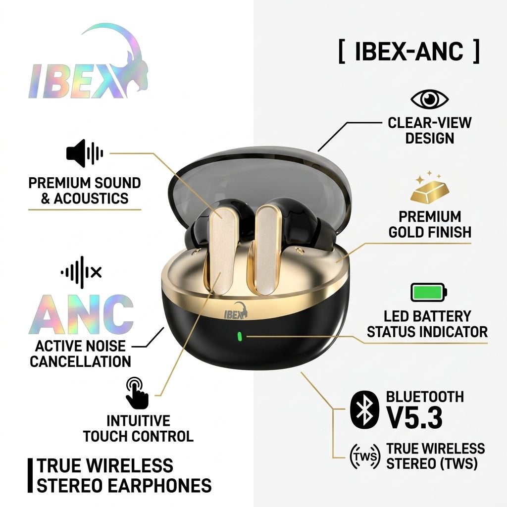 IBEX ANC TWS Earphones – Bluetooth 5.3 Wireless Earbuds with Noise Cancellation