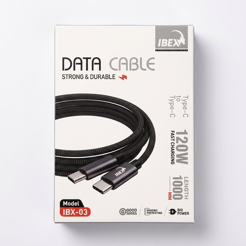IBEX IBX-03 Type-C to Type-C 120W Fast Charging Data Cable – 1M Braided Cable