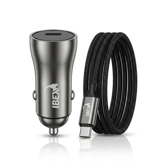 IBEX Dual USB Car Charger with Braided USB-C Cable – Fast Charging Car Adapter