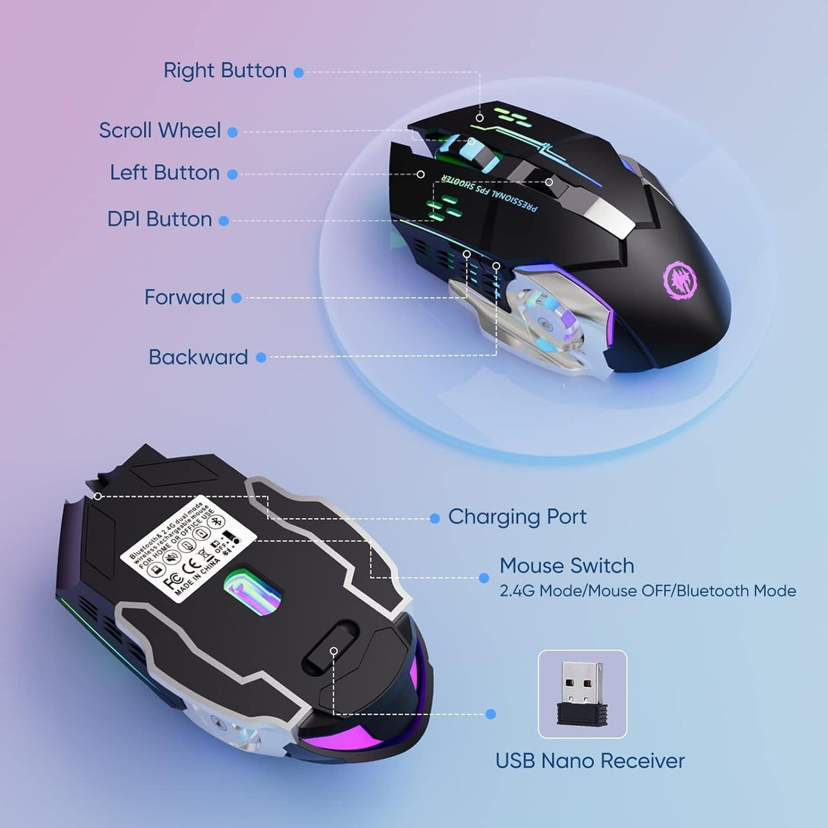 RGB Gaming Mouse V6 Wireless LED Backlit 3200 DPI Ergonomic Gaming Mouse for PC Laptop