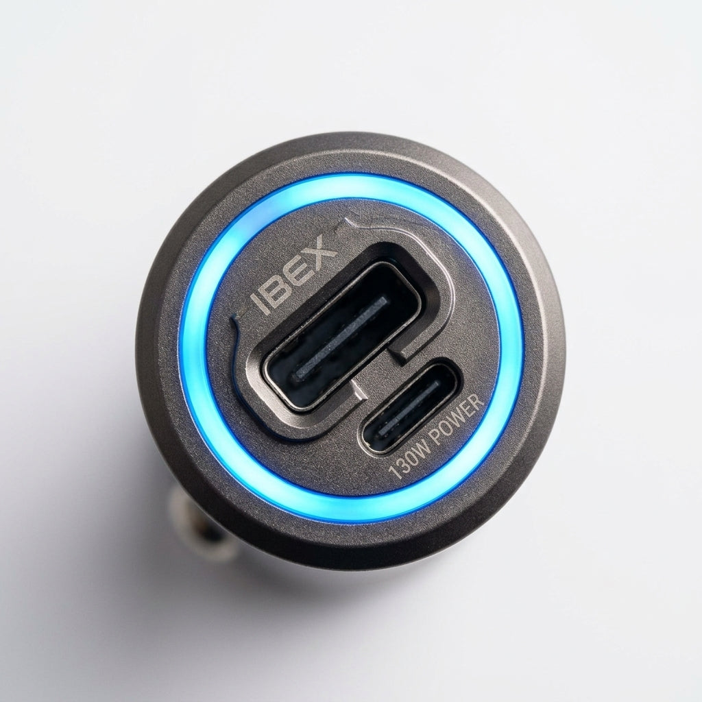 IBEX 130W Rapid Car Charger with Braided USB-C Cable – Fast Charging Car Adapter (Model IBEX-C2)