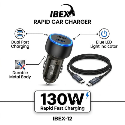 IBEX 130W Rapid Car Charger with Braided USB-C Cable – Fast Charging Car Adapter (Model IBEX-C2)