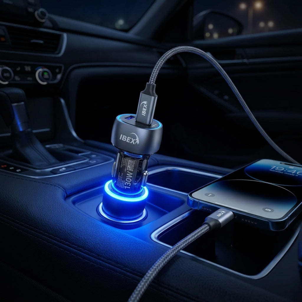 IBEX 130W Rapid Car Charger with Braided USB-C Cable – Fast Charging Car Adapter (Model IBEX-C2)
