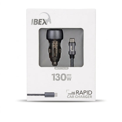 IBEX 130W Rapid Car Charger with Braided USB-C Cable – Fast Charging Car Adapter (Model IBEX-C2)