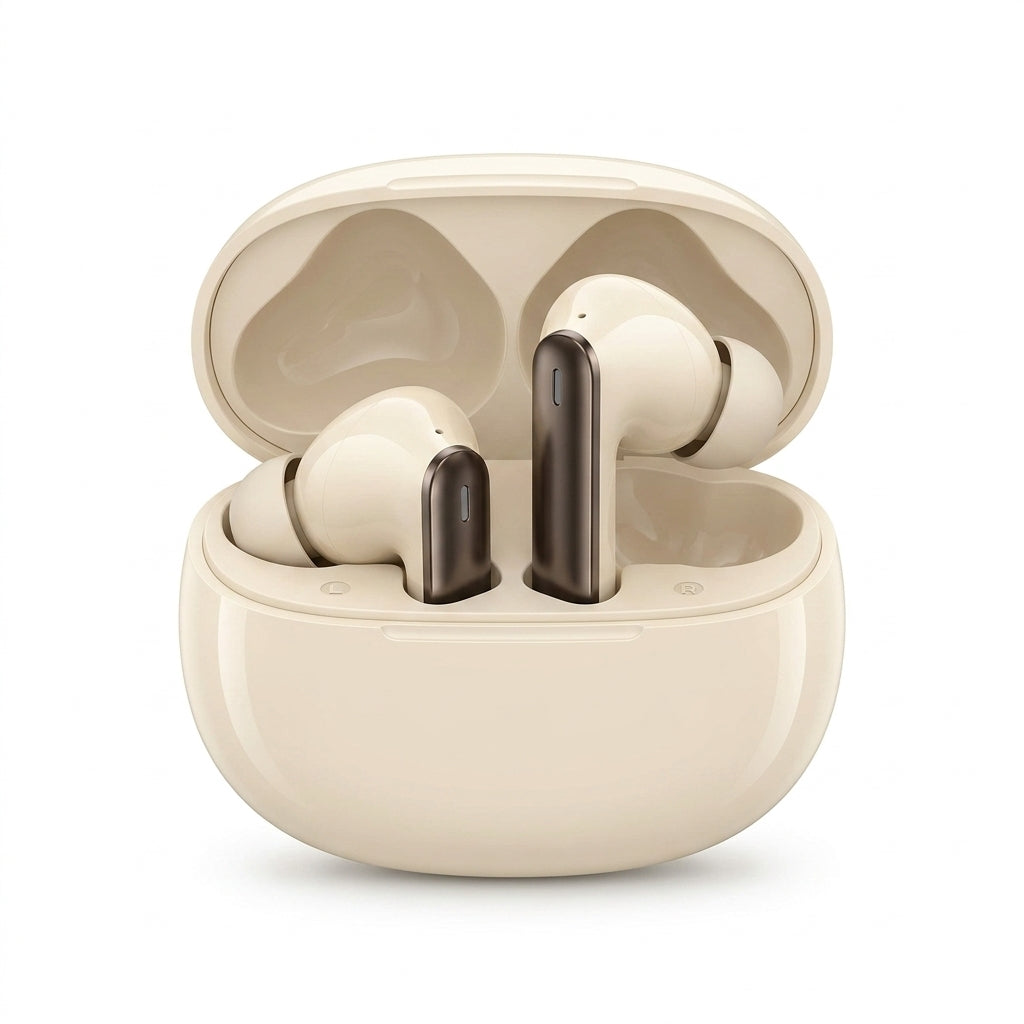 Cream Wireless Earbuds – TWS Bluetooth Earphones with Transparent Charging Case