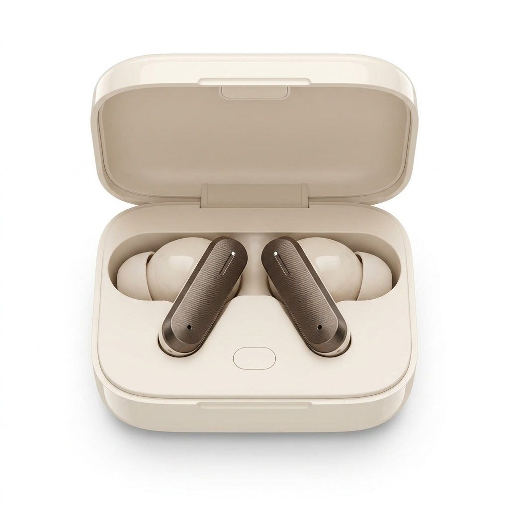 Cream Wireless Earbuds – TWS Bluetooth Earphones with Transparent Charging Case