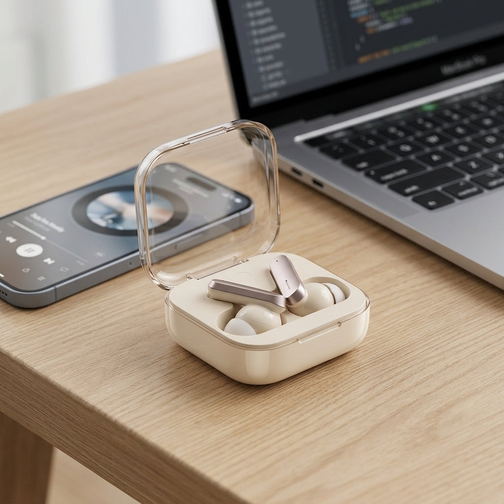 Cream Wireless Earbuds – TWS Bluetooth Earphones with Transparent Charging Case