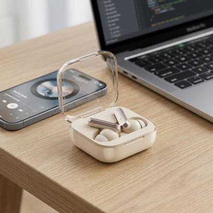 Cream Wireless Earbuds – TWS Bluetooth Earphones with Transparent Charging Case