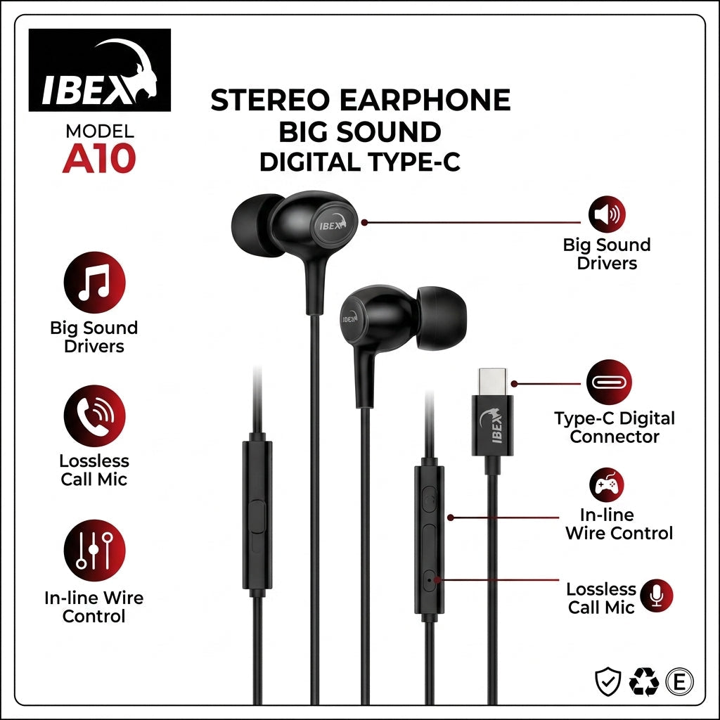 IBEX A10 Type-C Stereo Earphones with Big Sound & Mic